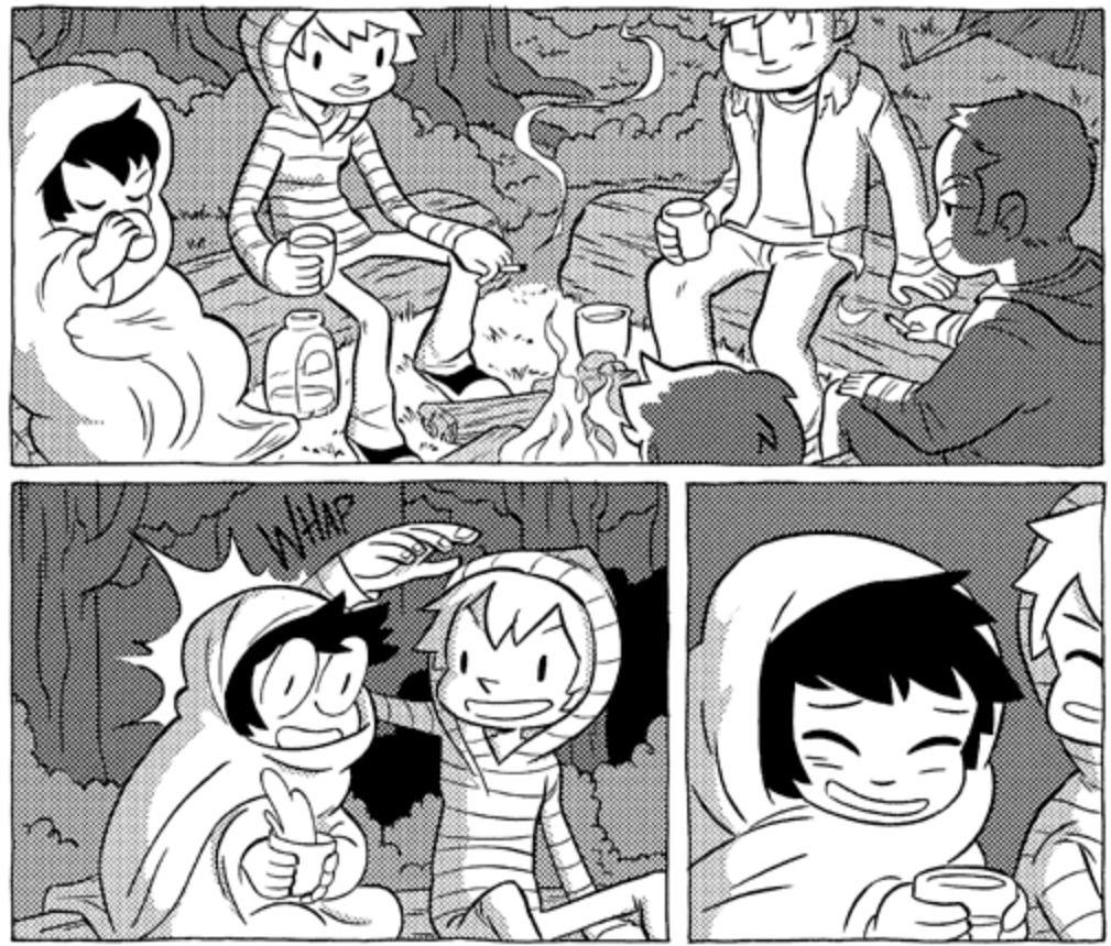 various young adults sit around a fire on logs. a woman whaps the head of another woman holding a cup, and she smiles.