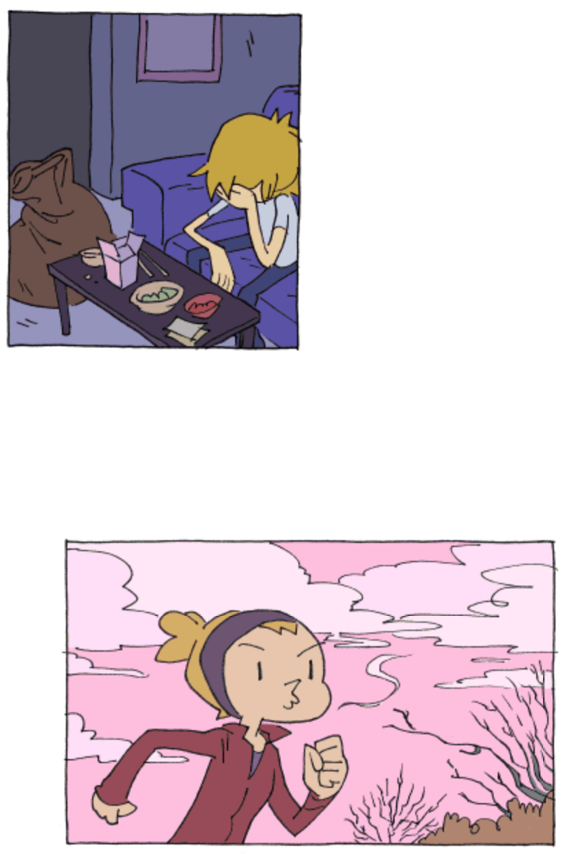 above, a woman sits on her bed and holds her head. below, the same woman runs in the cold.