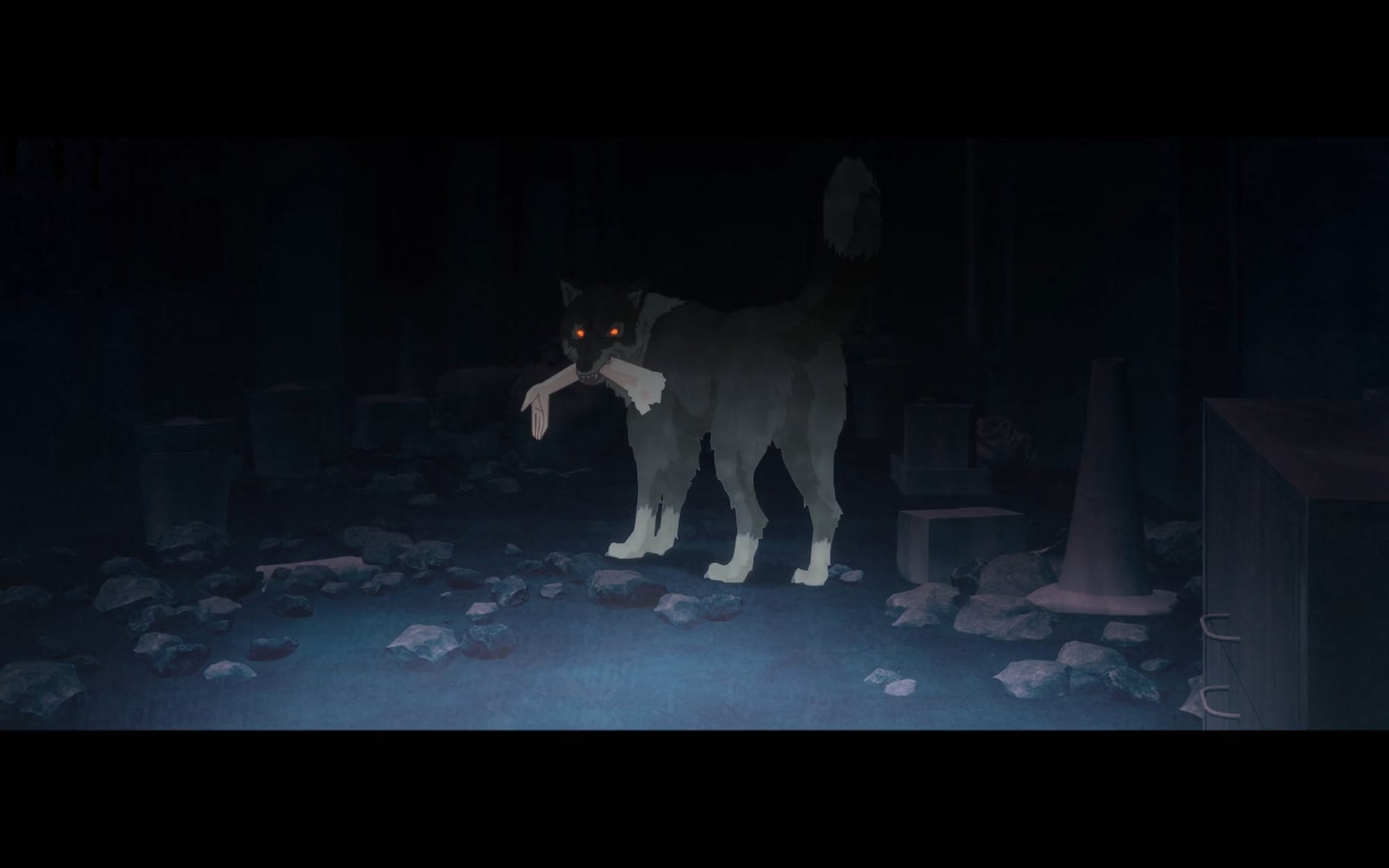 A wolf holds a torn-off arm in its mouth. Its red eyes gleam in the dark.