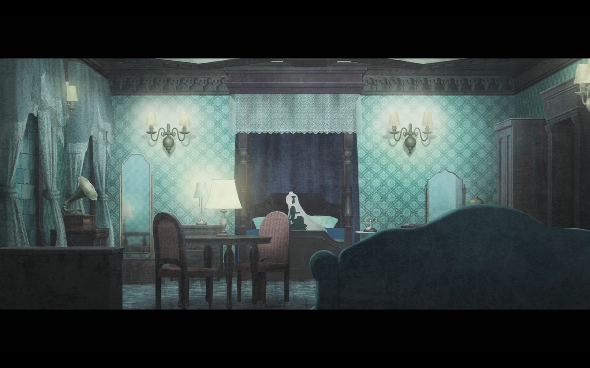 A girl wearing a maid's outfit sits up on a four-poster bed in an opulent room.