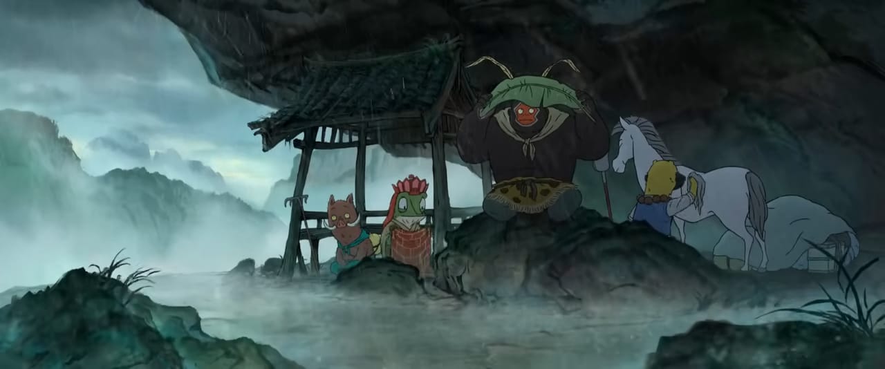 pig, frog, ape weasel and their horse seek shelter from the rain