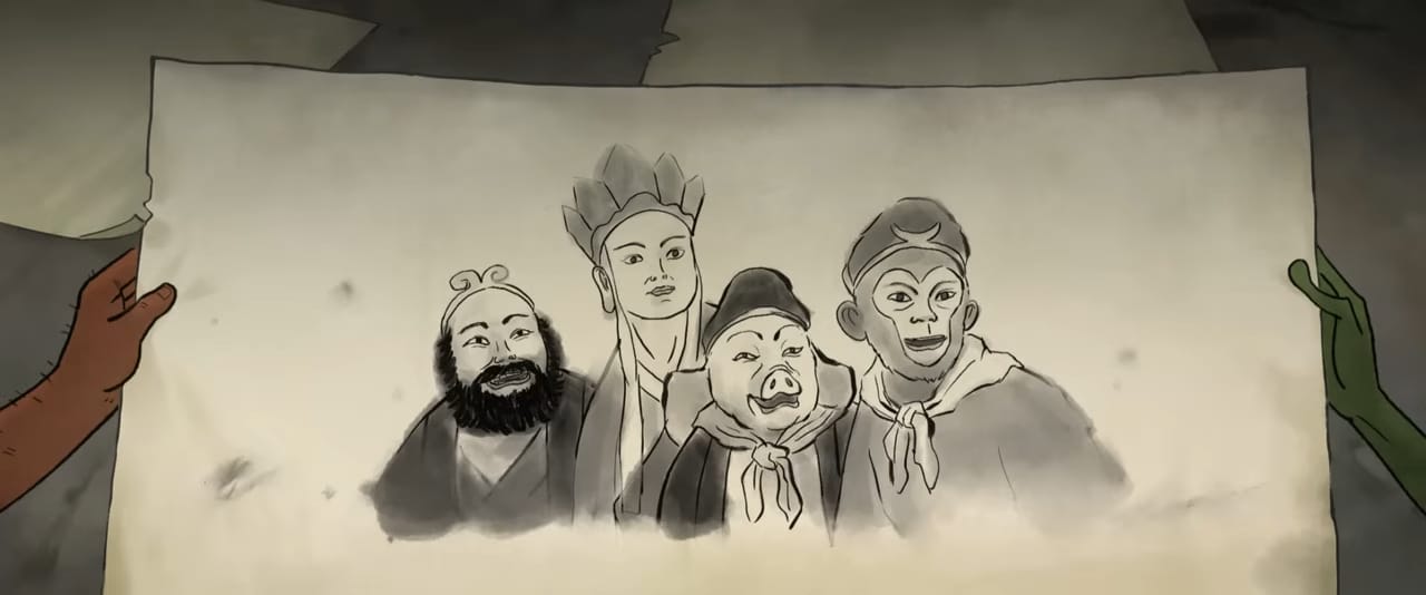 a picture of the original journey to the west four: a bearded man, a monk, a pig and a monkey.