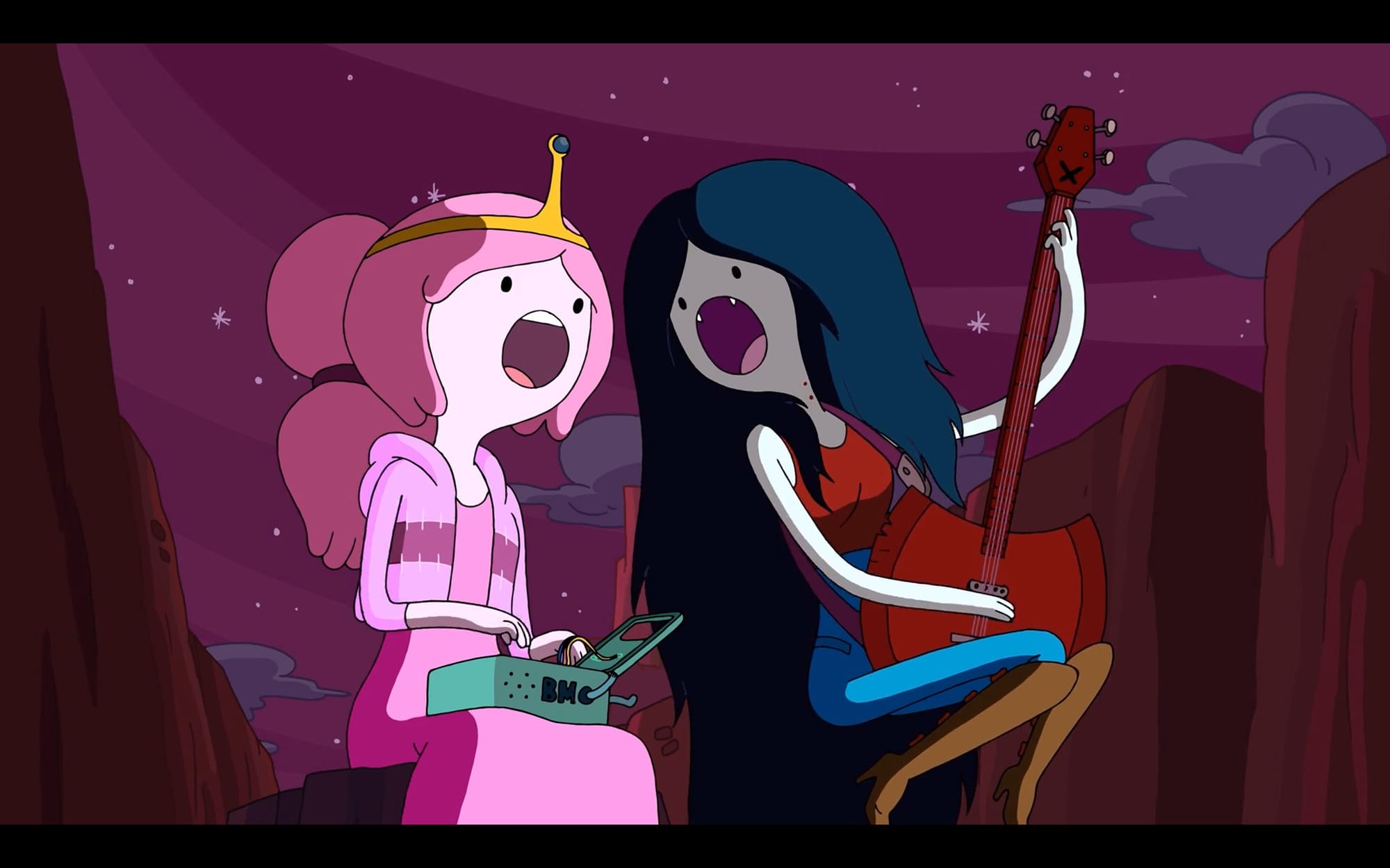 Marceline and Princess Bubblegum sing along together. Marceline plays bass, Bubblegum plays synthesizer.