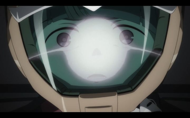 a young woman wearing a space helmet sees an explosion. the shape of the explosion, like an eye, can be seen in the helmet glass