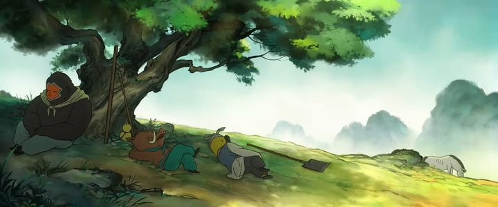 a pig, a weasel and an ape lie under a tree. a horse can be seen grazing in the background by the mountains.