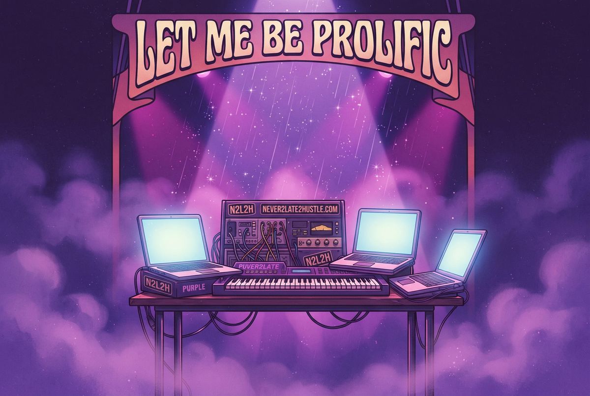 Let Me Be Prolific retro rock concert poster style illustration with three glowing laptops on a theater stage, featuring NEVER2LATE2HUSTLE.COM and N2L2H branding, 1980s purple and magenta con