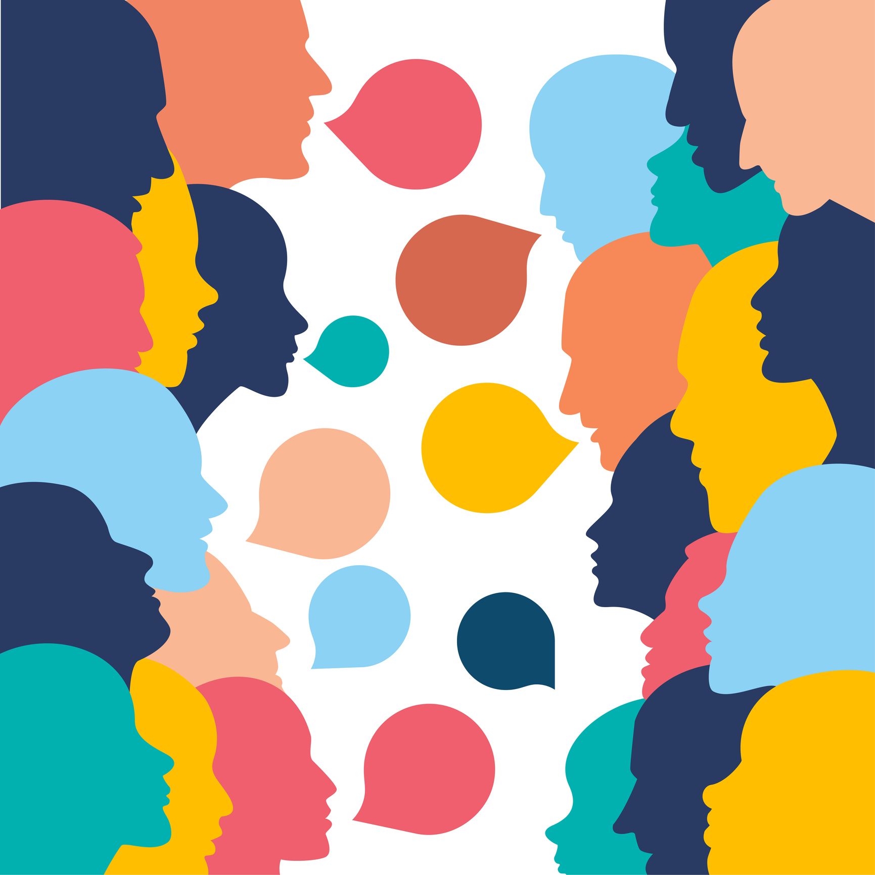 People profile heads in dialogue. Vector background.