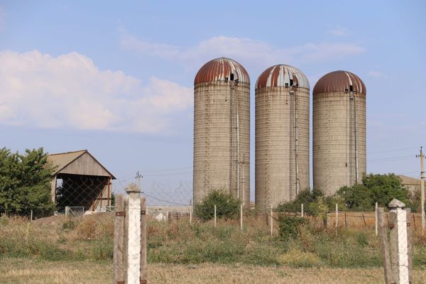 Old grain elevator built in USSR. Granary for wheat. Cherkasy, Ukraine