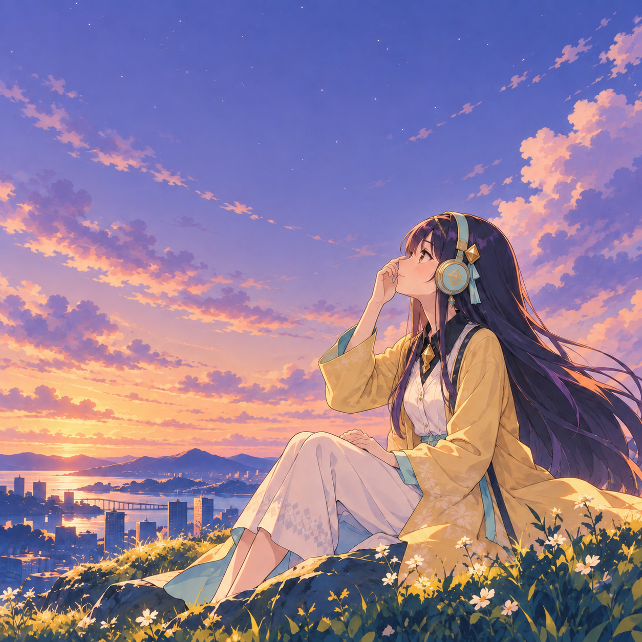 黑色長髮角色戴著耳機坐在山坡，背景是夕陽、城市與星空。