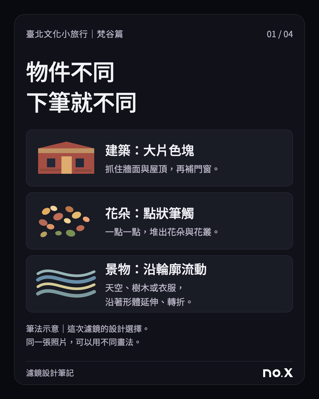 建築用大片色塊，花朵用點狀，部分景物沿輪廓流動；本次濾鏡參考梵谷筆法的設計示意。