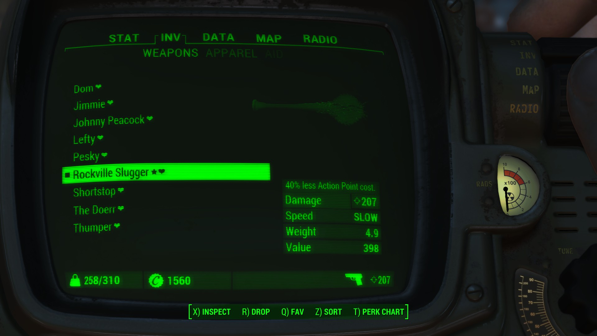 Screenshot of the Fallout 4 inventory interface on the Weapons tab, listing weapons named Dom, Jimmie, Johnny Peacock, Lefty, Pesky, Rockville Slugger, Shortstop, The Doerr, and Thumper.