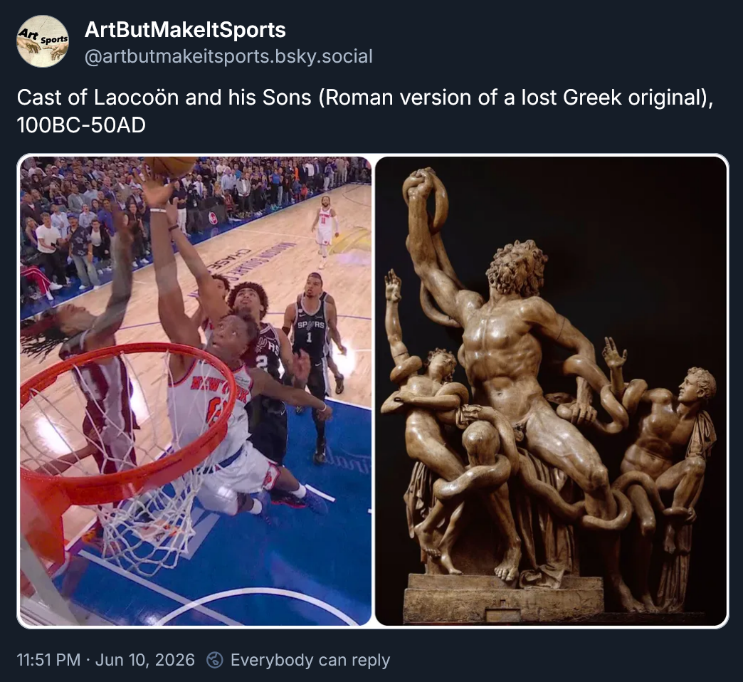 ArtButMakeItSports on Bluesky comparing OG Anunoby's game-winning tip-in for the Knicks to the sculpture Laocoön and His Sons.