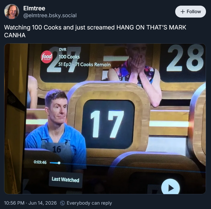 Bluesky user Elmtree's photo of their TV, showing Mark Canha on the show 100 Cooks. Text: Watching 100 Cooks and just screamed HANG ON THAT'S MARK CANHA