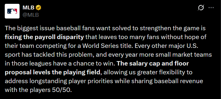 Tweet from MLB about the salary cap proposal in their CBA negotiations.