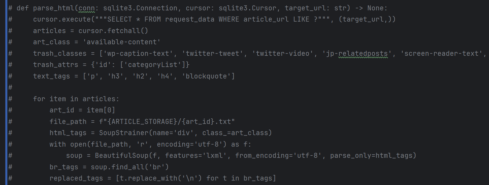 Screenshot of Python code in PyCharm, showing the first 15 lines of a function called "parse_html" that's been commented out.
