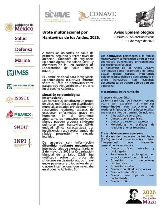 Primera hoja del aviso epidemiologico del CONAVE - México, sobre el brote internacional de hantavirus andes.