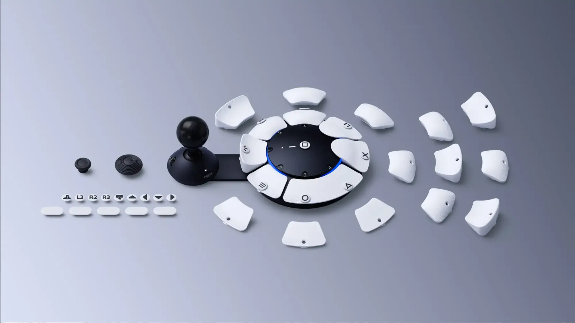 A picture of everything included with the Playstation Access Controller.