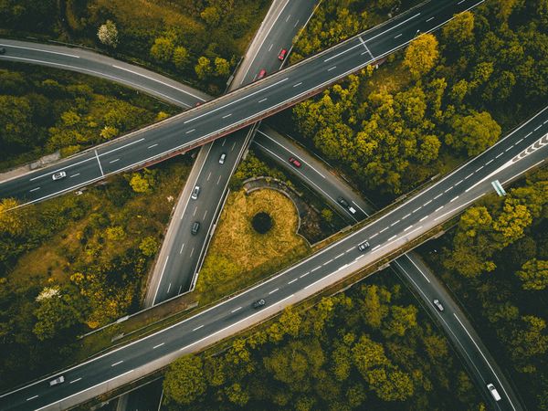 An aerial view of highway interchange