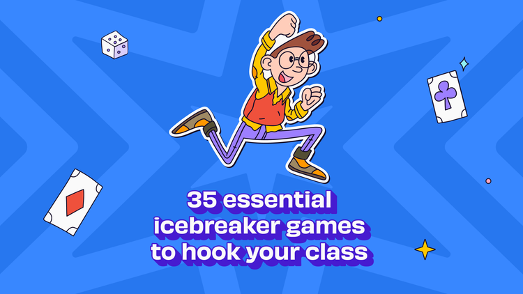 A boy playing an icebreaker game in a class on a blue background 