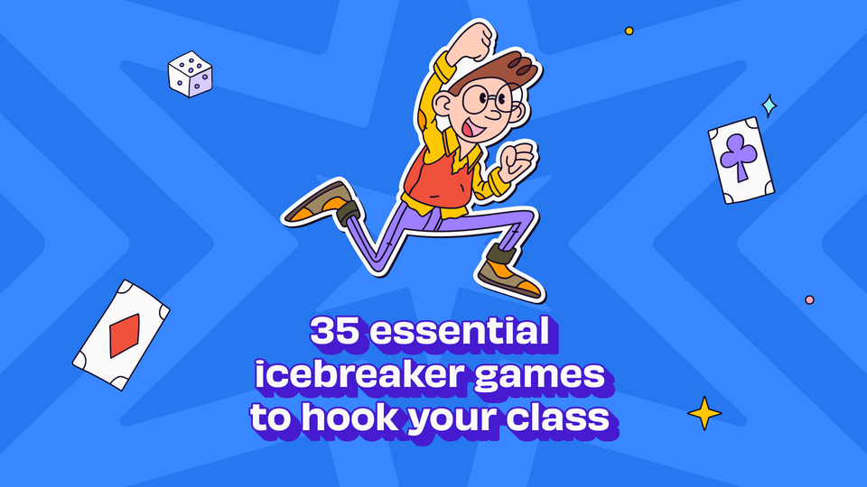 A boy playing an icebreaker game in a class on a blue background 