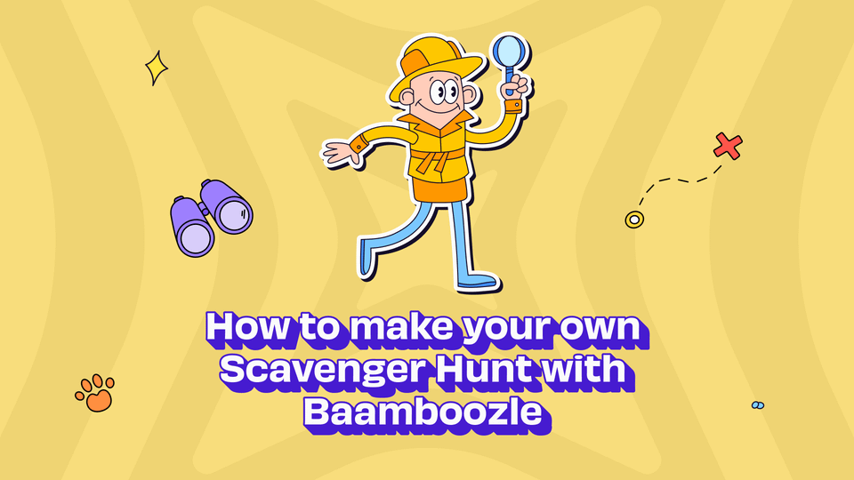 A colourful detective with a magnifying glass playing a scavenger hunt. 