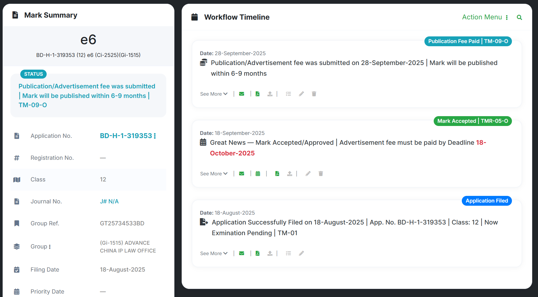 Screenshot of SUPREMEiP’s IP Management Software showing trademark application summary, filing date, acceptance, and publication fee status with a detailed workflow timeline.