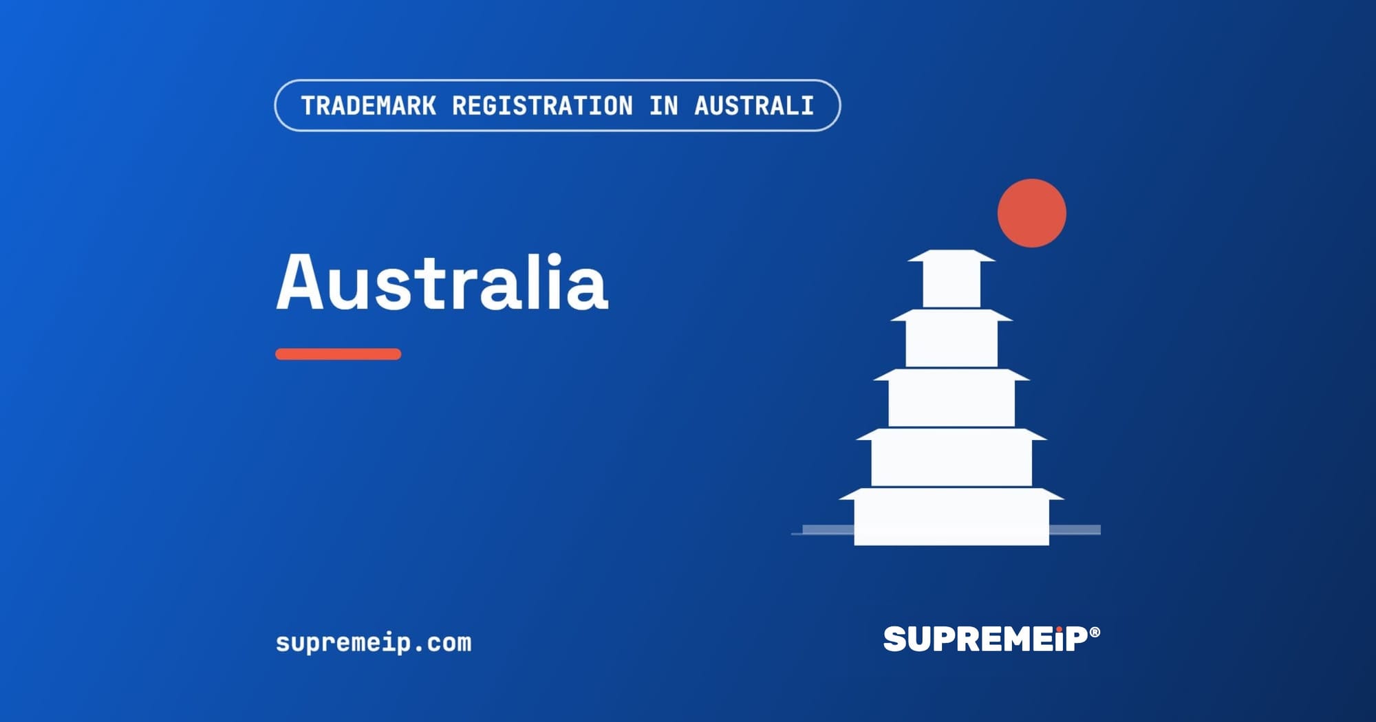 Stepped landmark under a red sun, banner for the Australia trademark guide by SUPREMEiP®