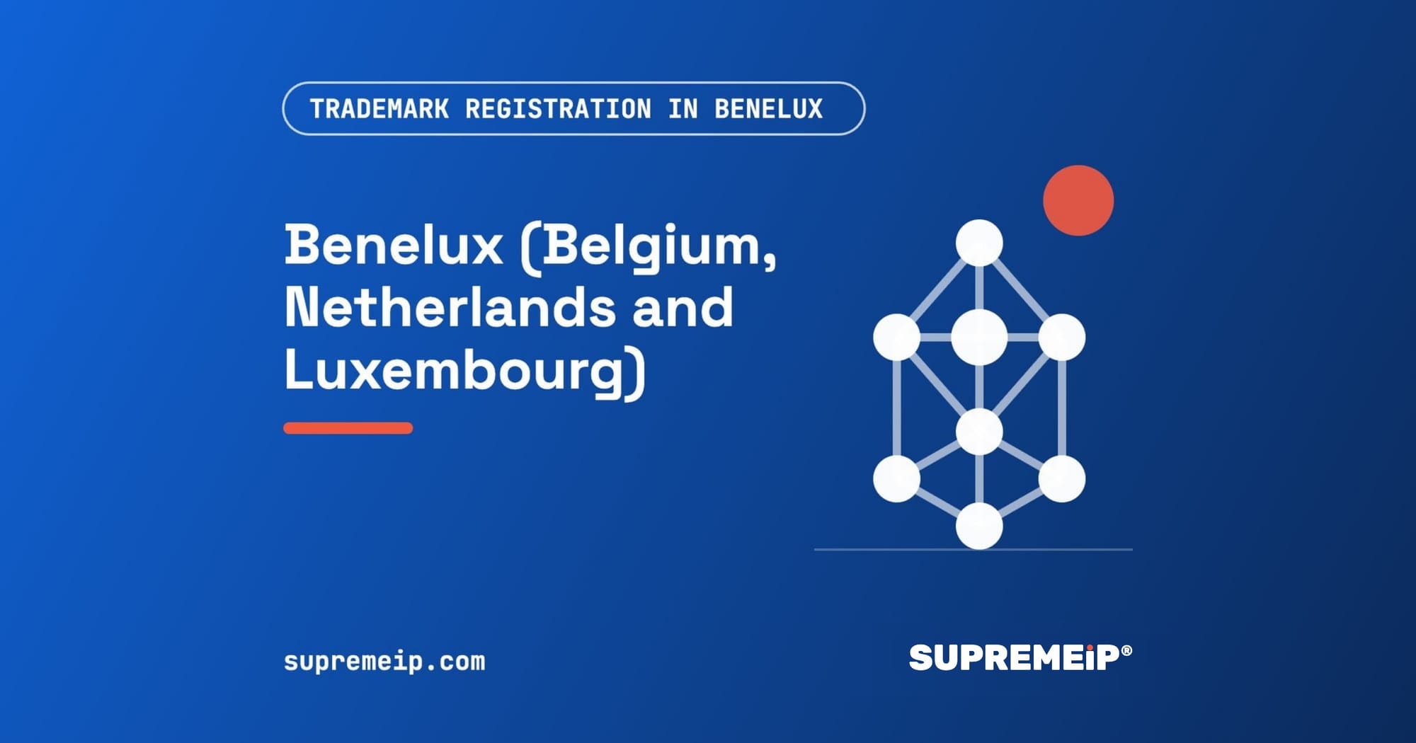 Atomium spheres beside a red sun, banner for the Benelux trademark guide by SUPREMEiP®