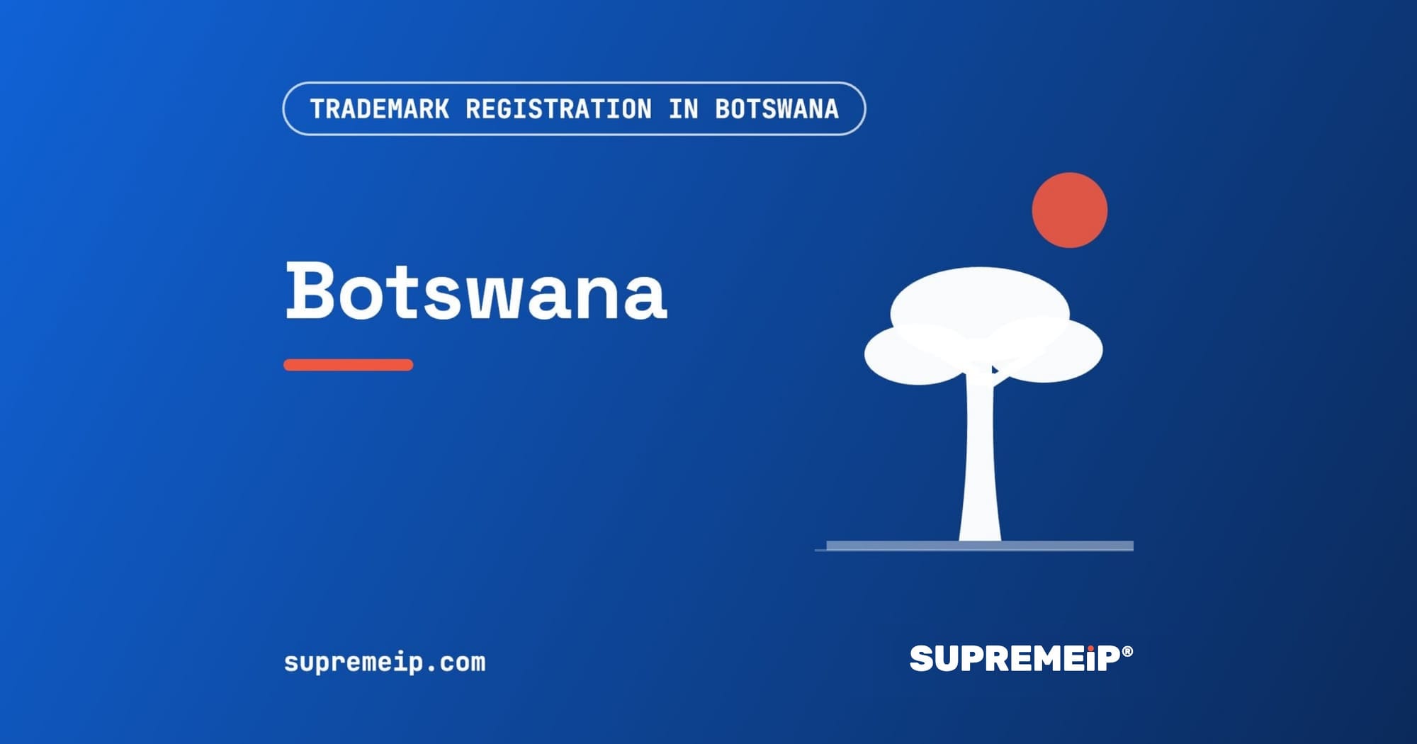 Baobab-style tree under a red sun, banner for the Botswana trademark guide by SUPREMEiP®