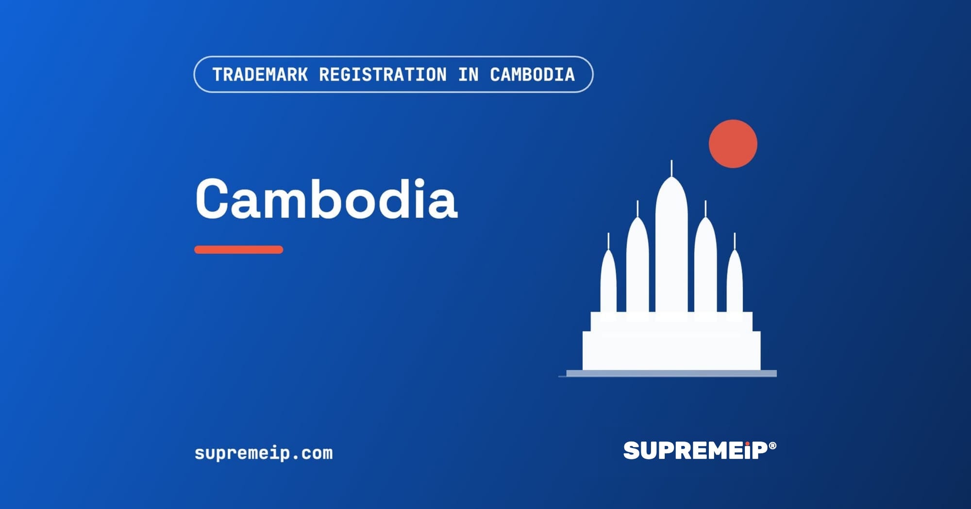 Angkor Wat towers beside a red sun, banner for the Cambodia trademark guide by SUPREMEiP®