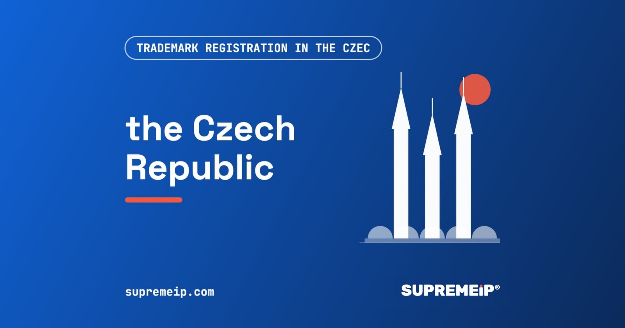 Prague spires and Charles Bridge beside a red sun, banner for the Czech Republic trademark guide by SUPREMEiP®