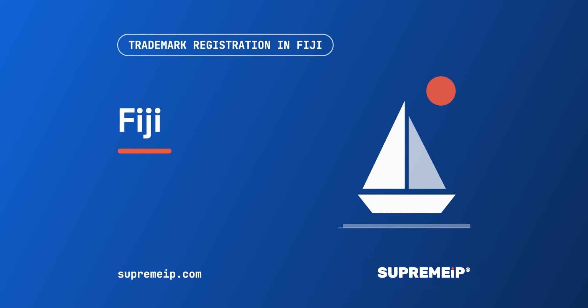 Sailing boat under a red sun, banner for the Fiji trademark guide by SUPREMEiP®