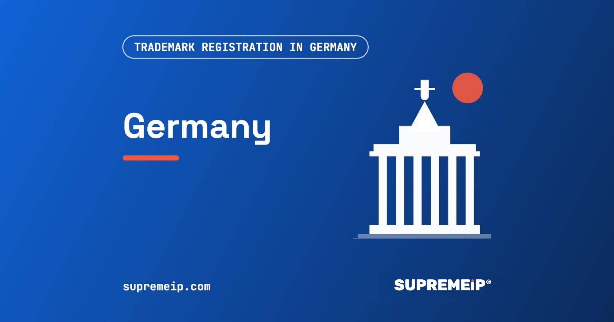 Brandenburg Gate in Berlin beside a red sun, banner for the Germany trademark guide by SUPREMEiP®