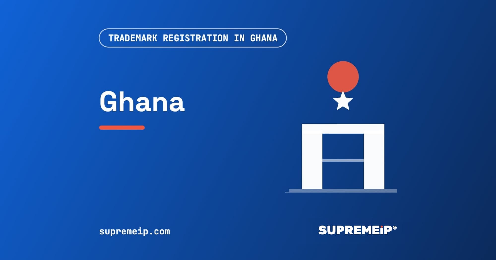 Independence Arch with the Black Star beside a red sun, banner for the Ghana trademark guide by SUPREMEiP®