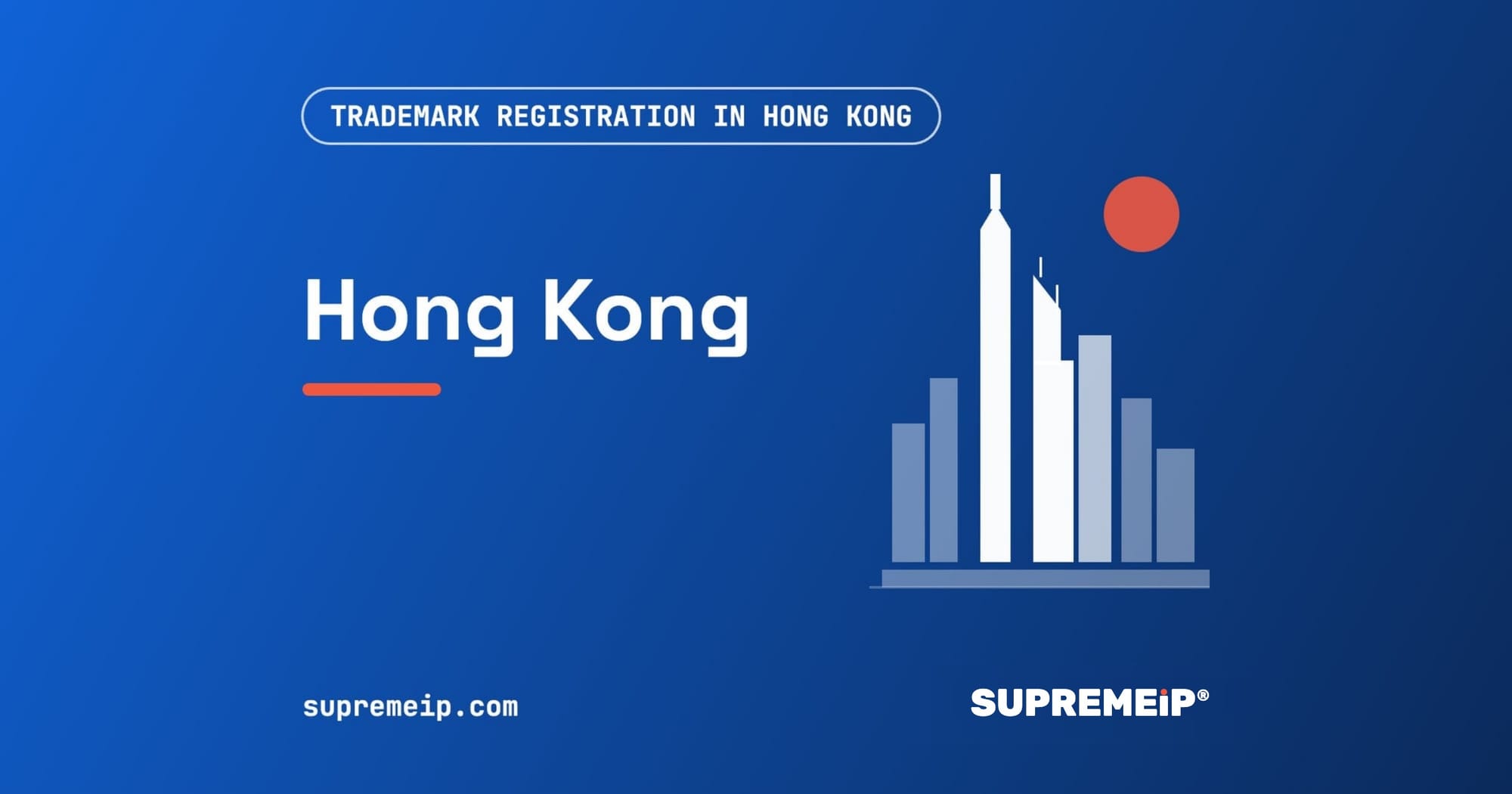 Hong Kong skyline with Bank of China Tower and a red sun, banner for the Hong Kong trademark guide by SUPREMEiP®
