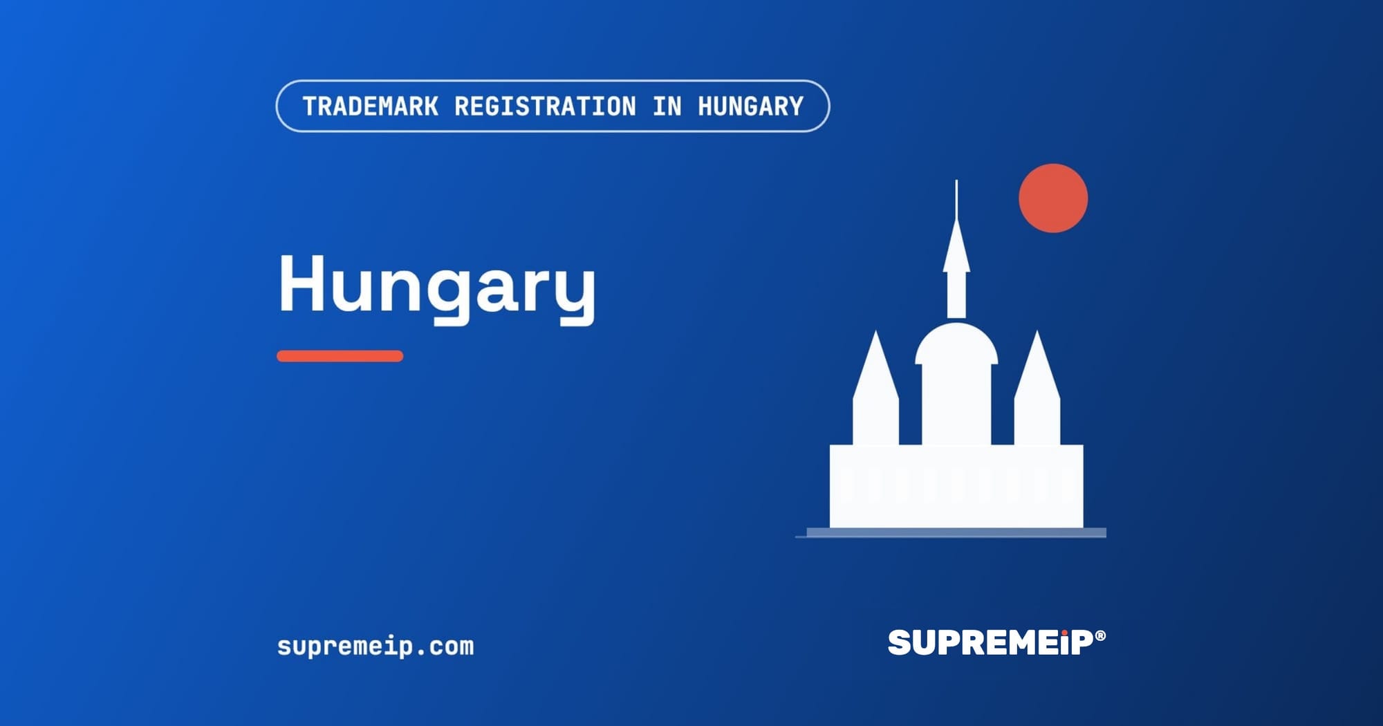 Hungarian Parliament Building beside a red sun, banner for the Hungary trademark guide by SUPREMEiP®