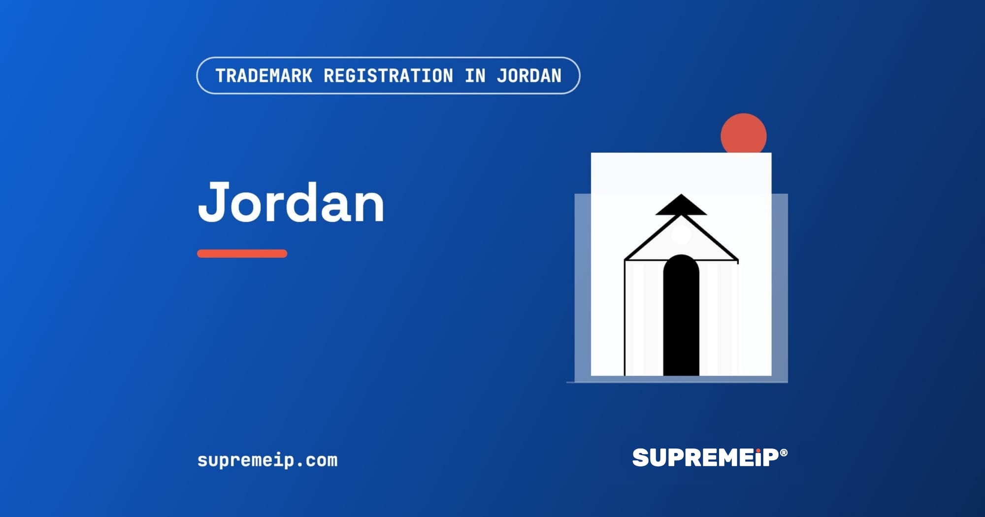 The Treasury at Petra beside a red sun, banner for the Jordan trademark guide by SUPREMEiP®