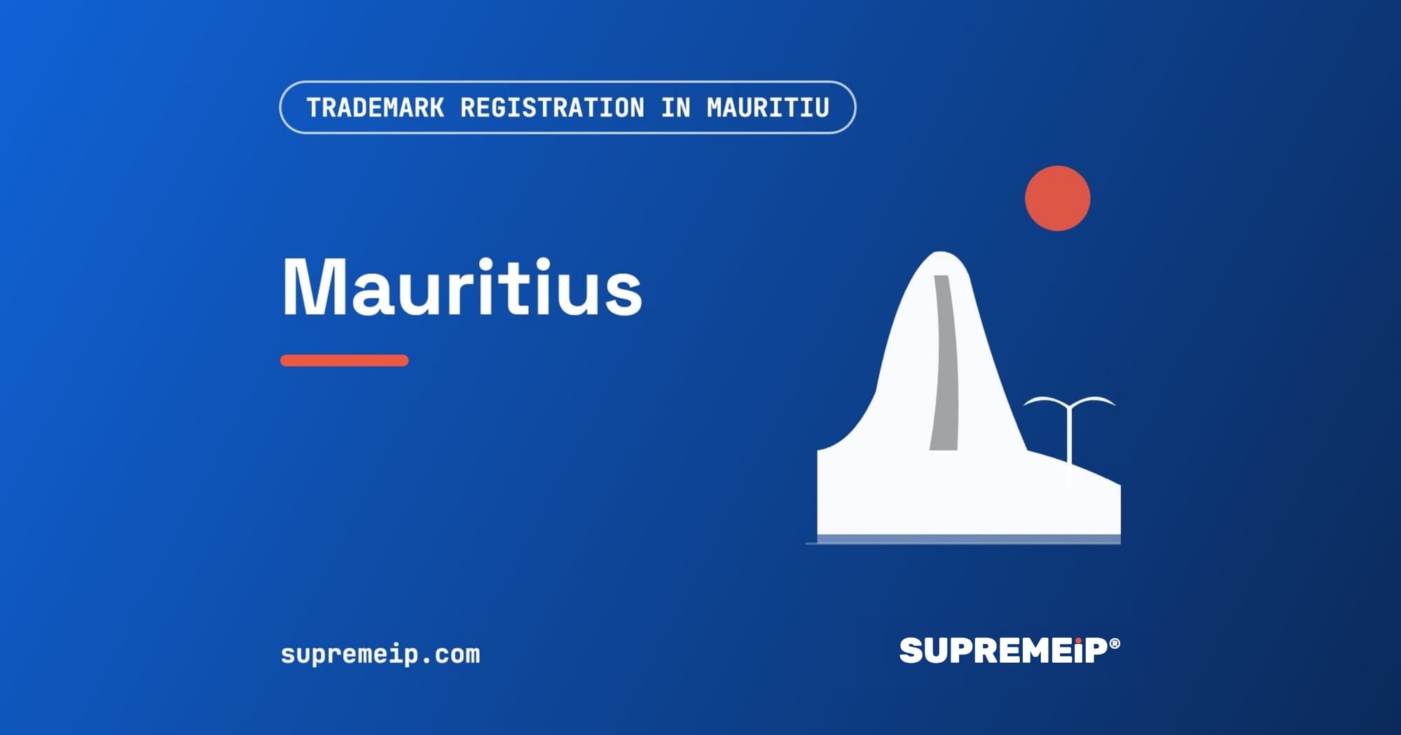 Le Morne mountain and a palm beside a red sun, banner for the Mauritius trademark guide by SUPREMEiP®