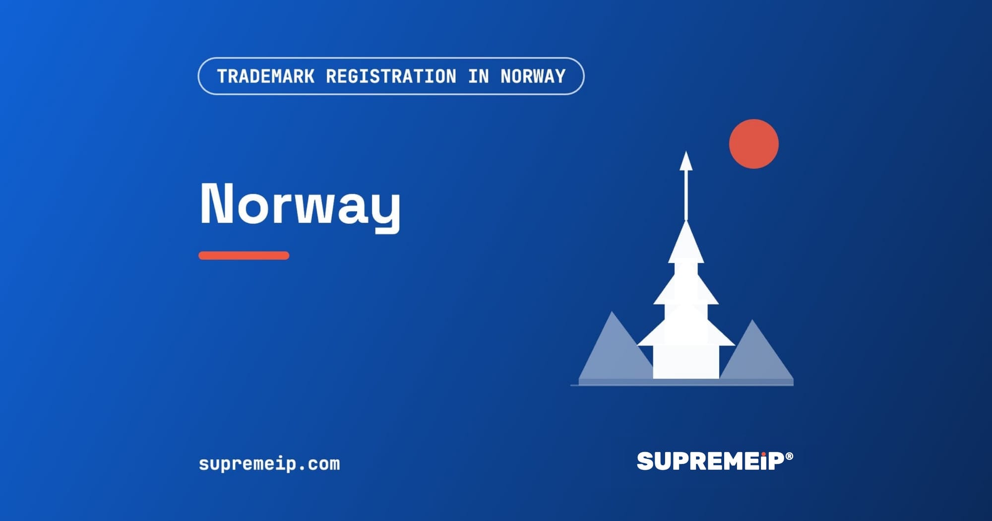 A Norwegian stave church beside a red sun, banner for the Norway trademark guide by SUPREMEiP®