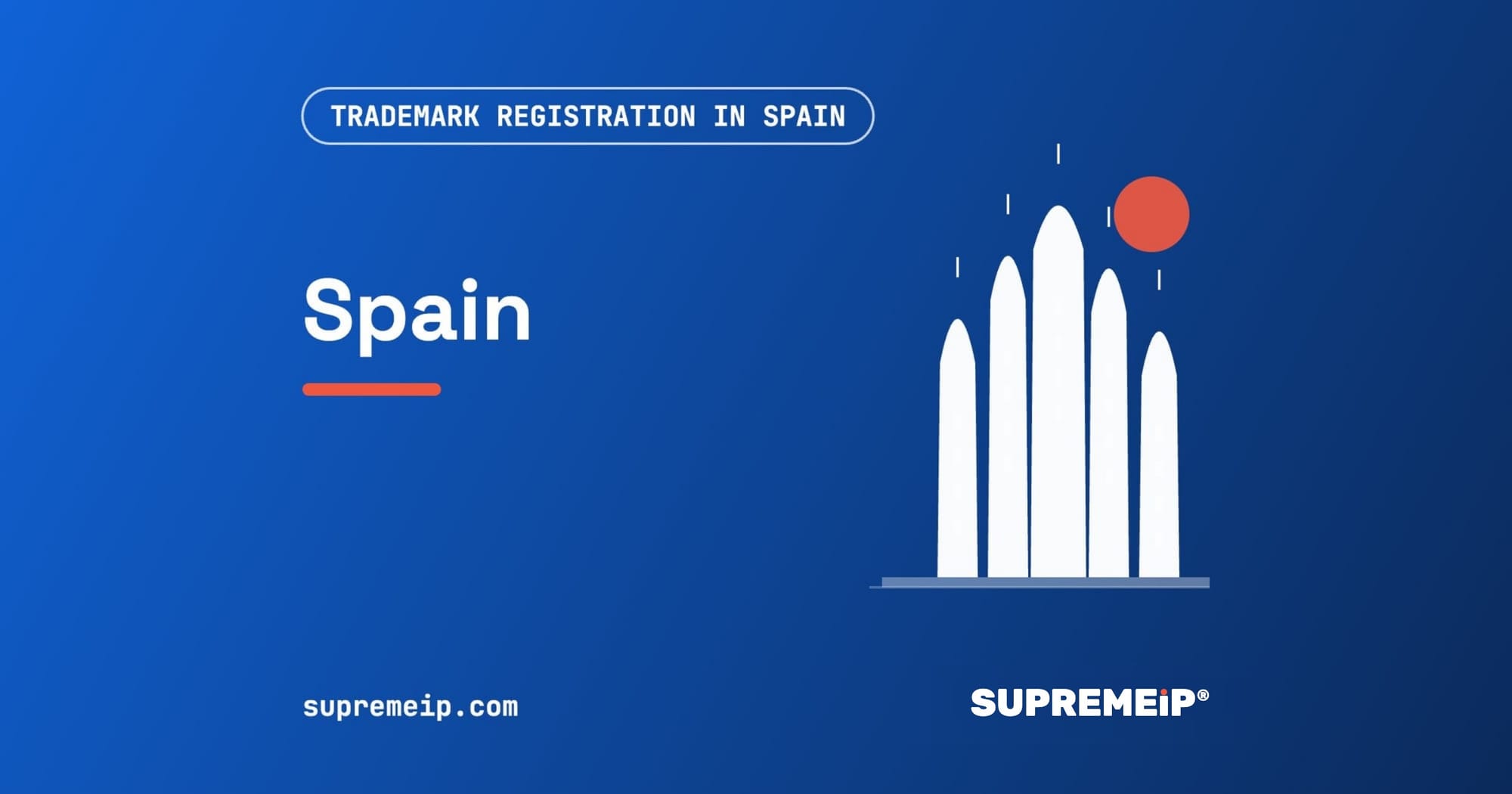 Sagrada Familia spires beside a red sun, banner for the Spain trademark guide by SUPREMEiP®