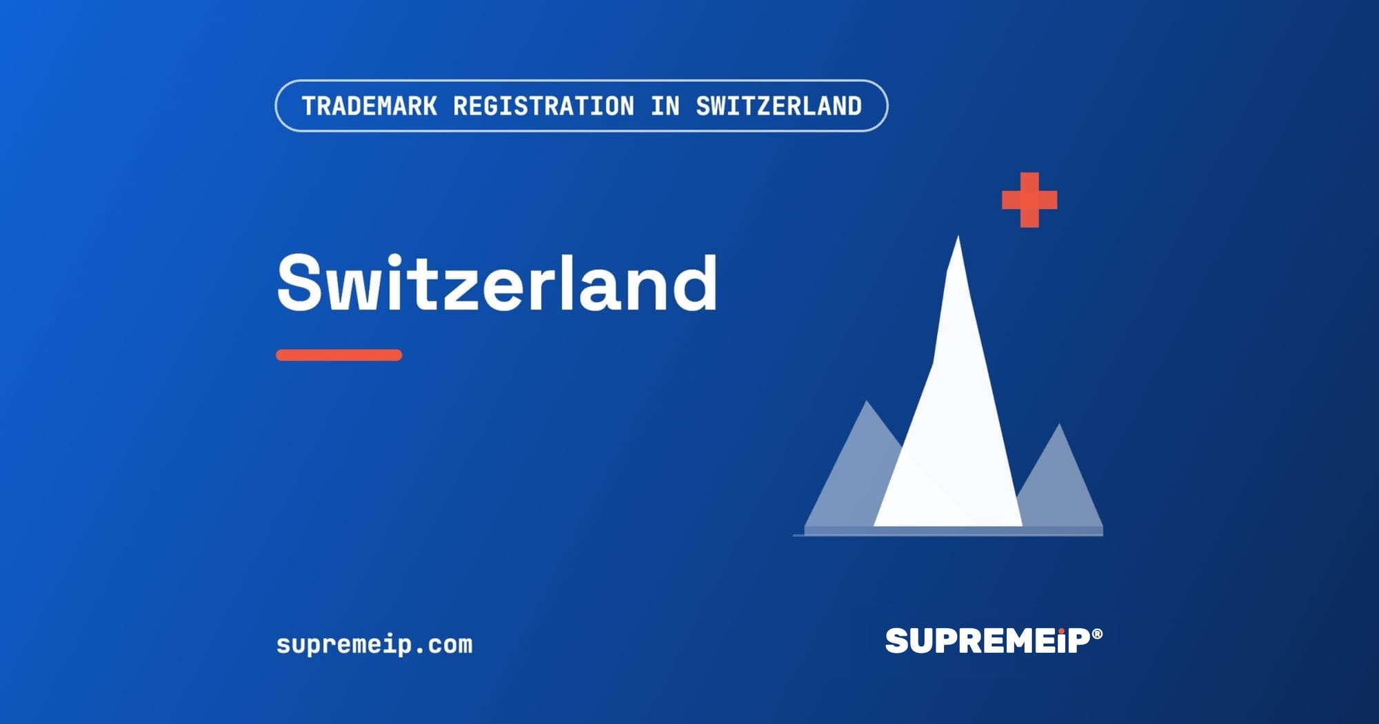 Matterhorn peak with a red Swiss-cross sun, banner for the Switzerland trademark guide by SUPREMEiP®
