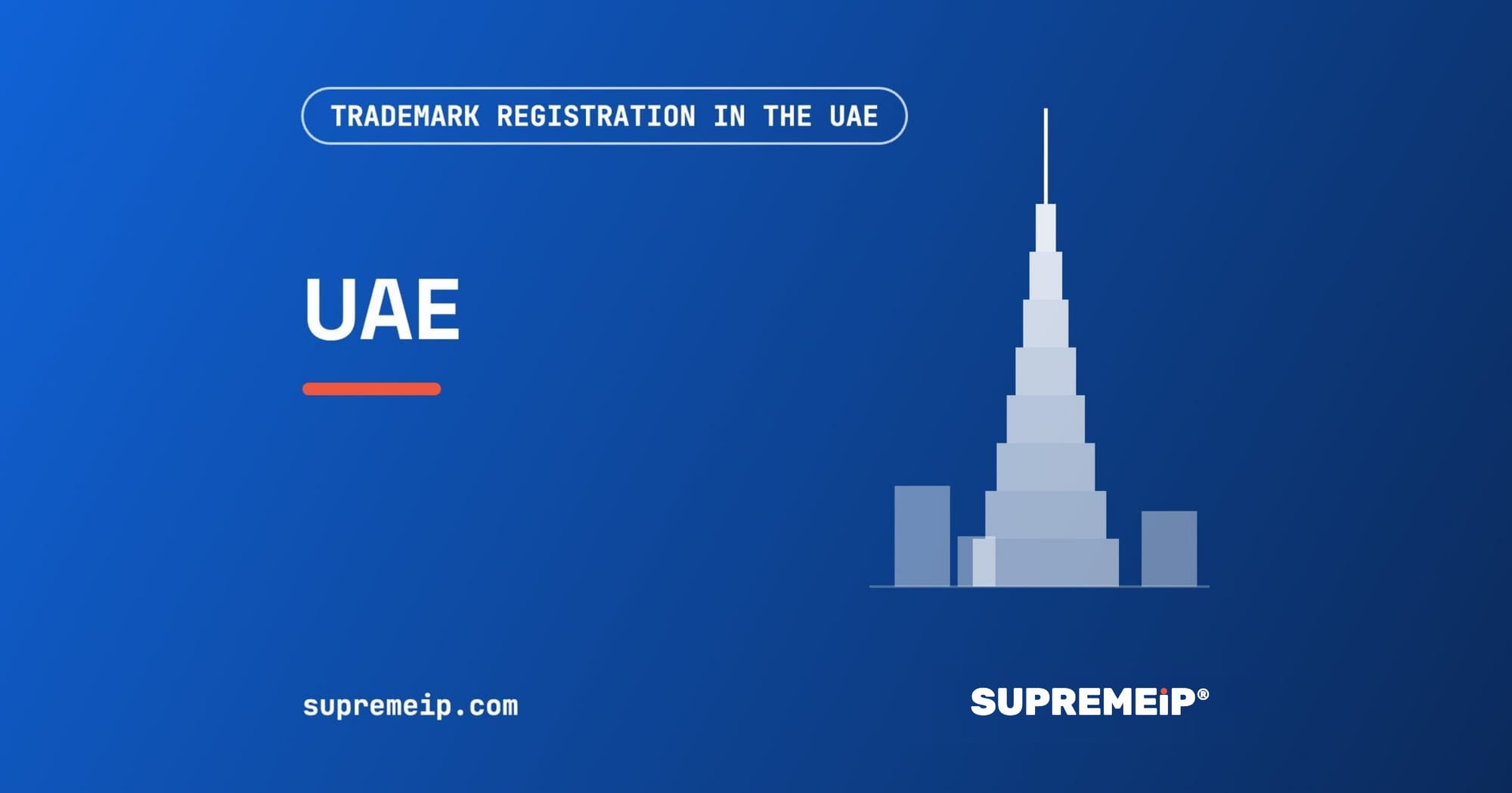 Burj Khalifa beside a red sun, banner for the UAE trademark guide by SUPREMEiP®