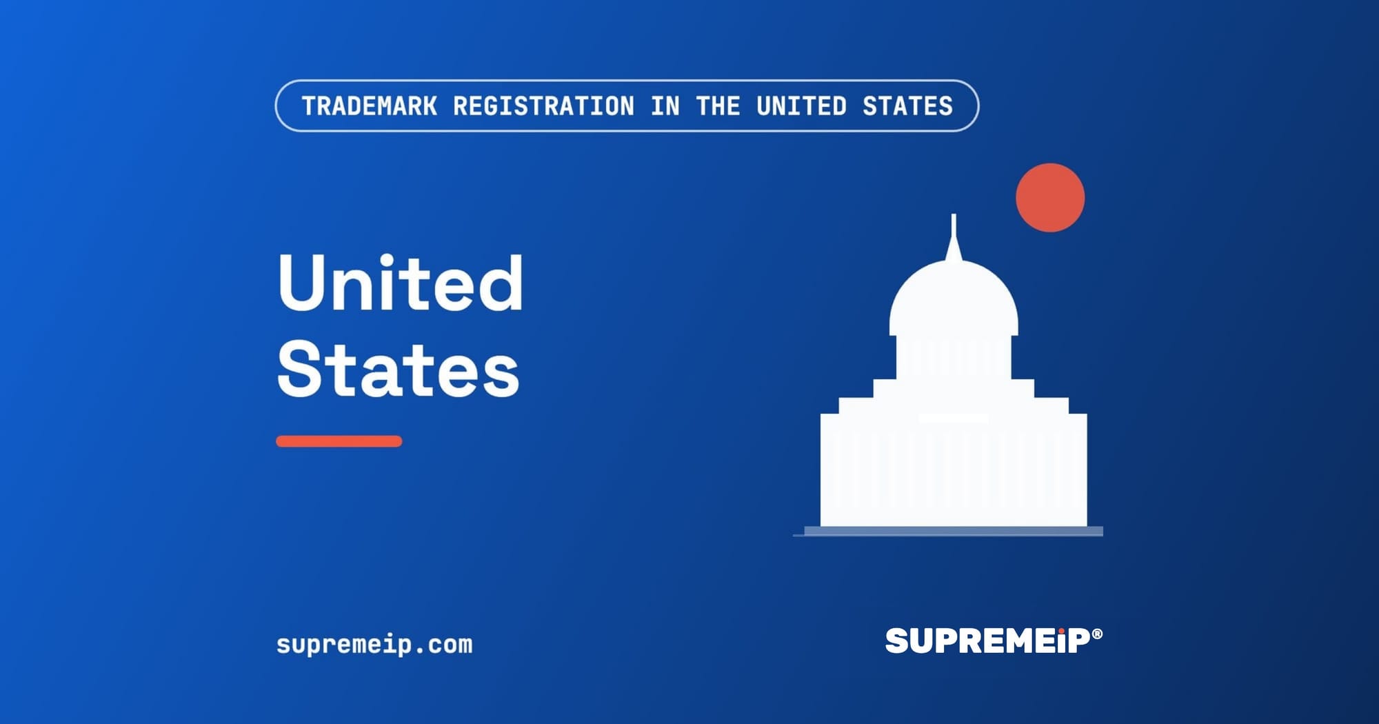 US Capitol dome beside a red sun, banner for the United States trademark guide by SUPREMEiP®