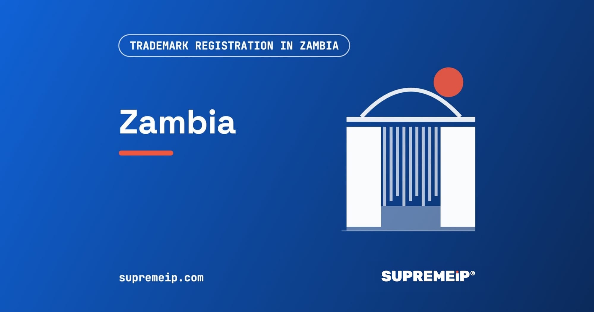 Victoria Falls beside a red sun, banner for the Zambia trademark guide by SUPREMEiP®