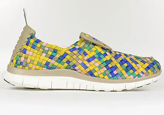Nike Free Woven Khaki Stadium Green Hyper Blue Pink lateral view with multicolor woven upper and white Free sole.