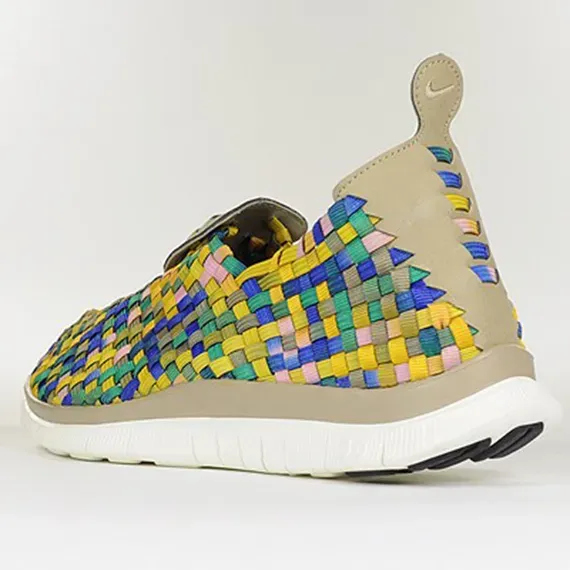 Nike Free Woven Khaki Stadium Green Hyper Blue Pink medial view showing blue, green, yellow, and pink woven straps.