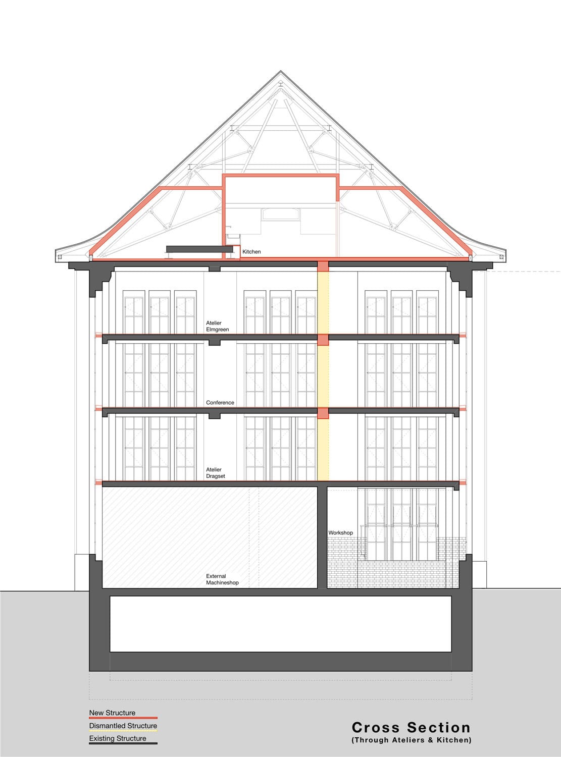 Section drawing through the converted pumping station and roof structure.