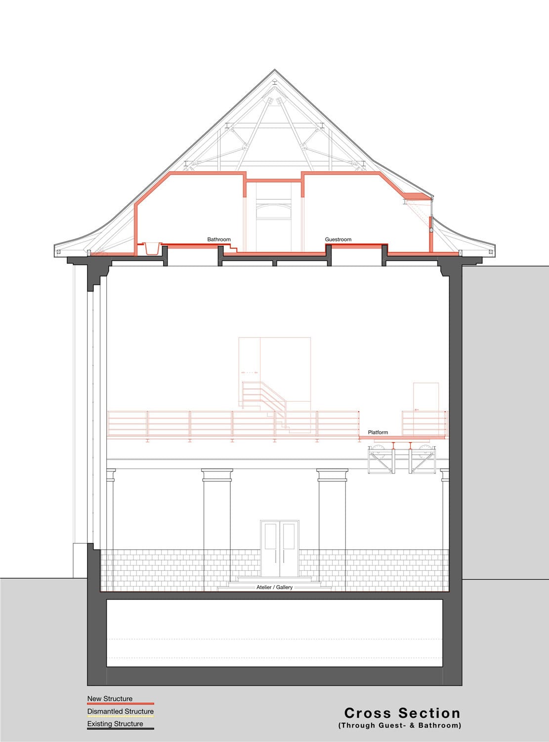 Section drawing showing the hall and upper rooms of the Water Pumping Plant Renovation.