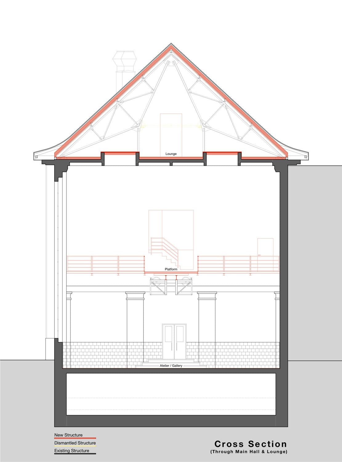 Section drawing showing roof and wall interventions in the converted pumping station.