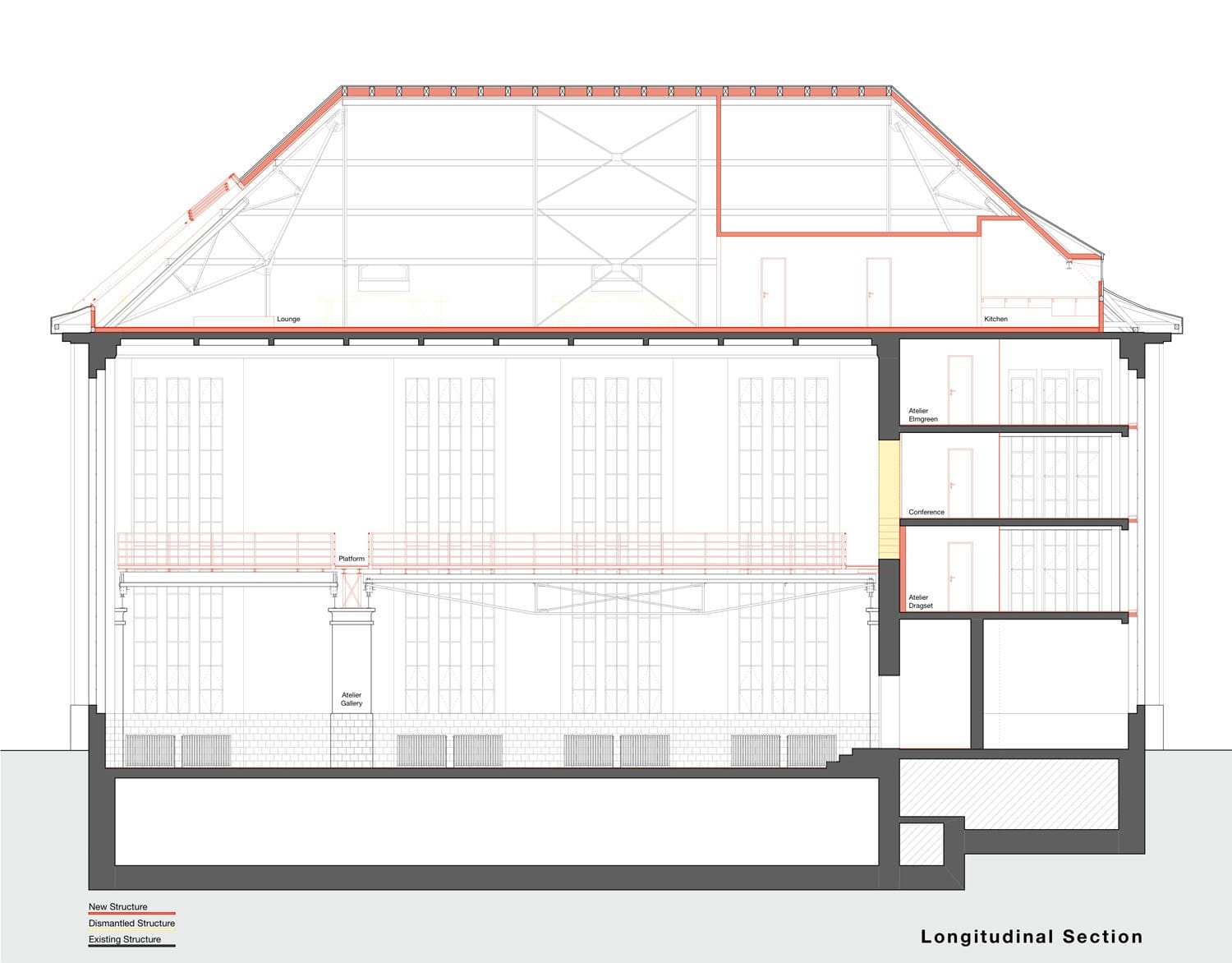 Longitudinal section drawing through the pumping station conversion.